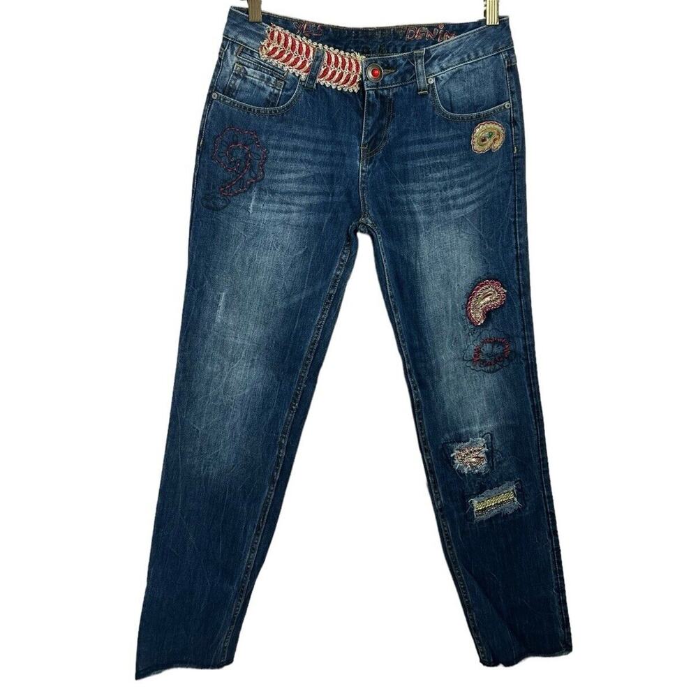 Desigual Denim Jeans Sz 28 Embellished Straight Leg Sequins Metallic Rare Design